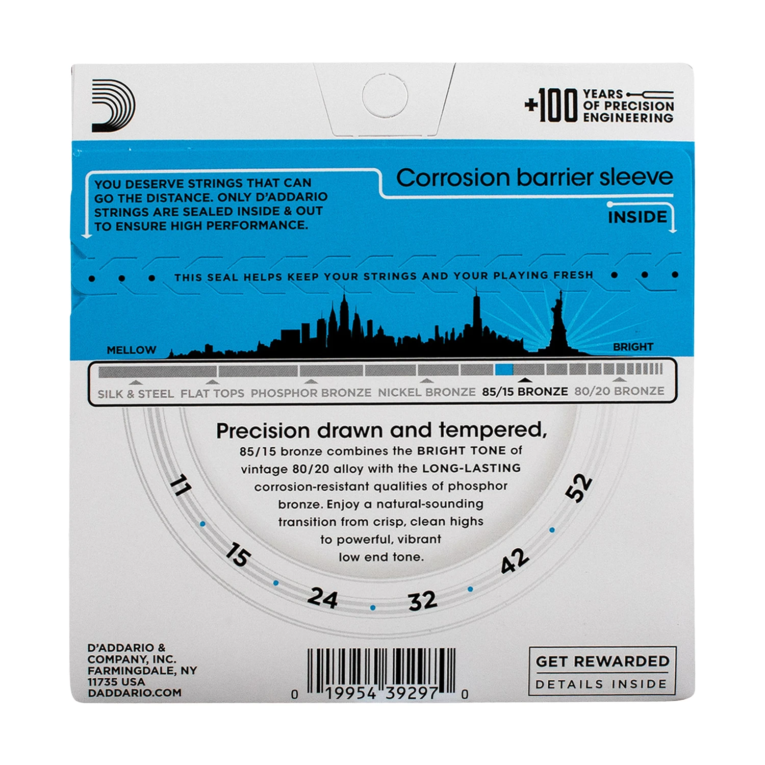 D’Addario EZ910-E 85/15 Bronze Acoustic Guitar Strings, 11-52 Custom Light Gauge, FREE Extra 1st String