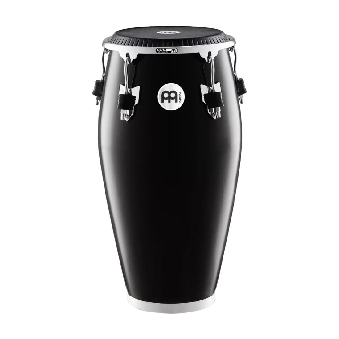 Meinl Fibercraft series conga in black finish with chrome hardware and Meinl Brand logo.