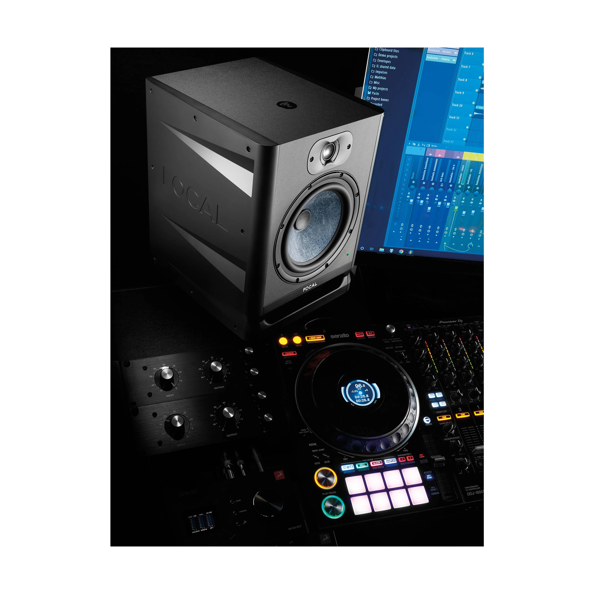 Full view in studio of Focal Alpha 80 Evo 8" Powered Studio Monitor