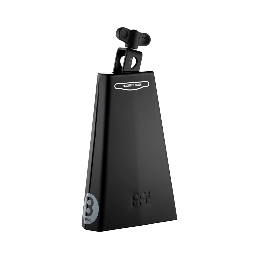 A black powder-coated Meinl 8" Headliner Series Mountable Cowbell with a mountable bracket on top.