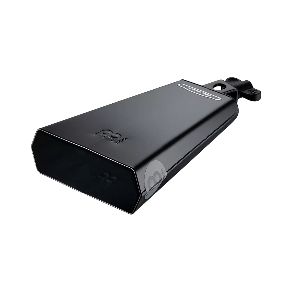 A black powder-coated Meinl 8" Headliner Series Mountable Cowbell with a mountable bracket on top.