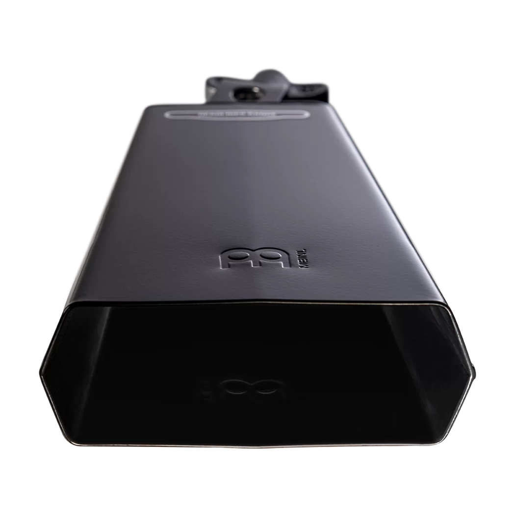 A black powder-coated Meinl 8" Headliner Series Mountable Cowbell with a mountable bracket on top.