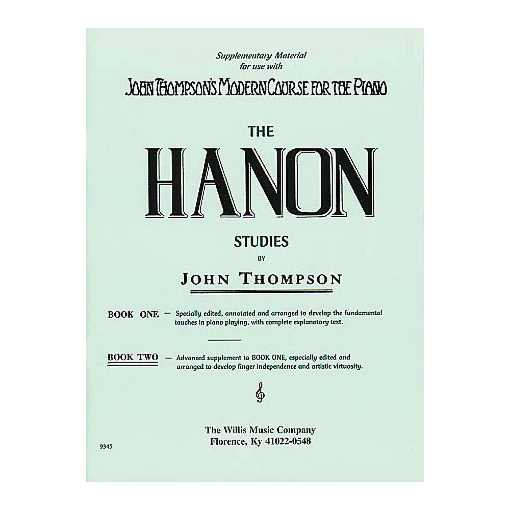 Cover page of 'The Hanon Studies' by John Thompson, showing title and author name, indicating it is a piano/keyboard music instruction book.