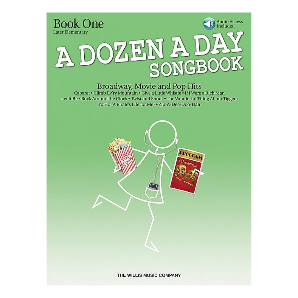 Cover of the 'A Dozen a Day Songbook – Book 1' featuring a cartoon piano character playing a piano with a background of musical notes and a green color scheme.