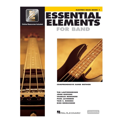 Cover of Hal Leonard Essential Elements Book1 - Electric Bass with a photo of an electric bass guitar and title details.