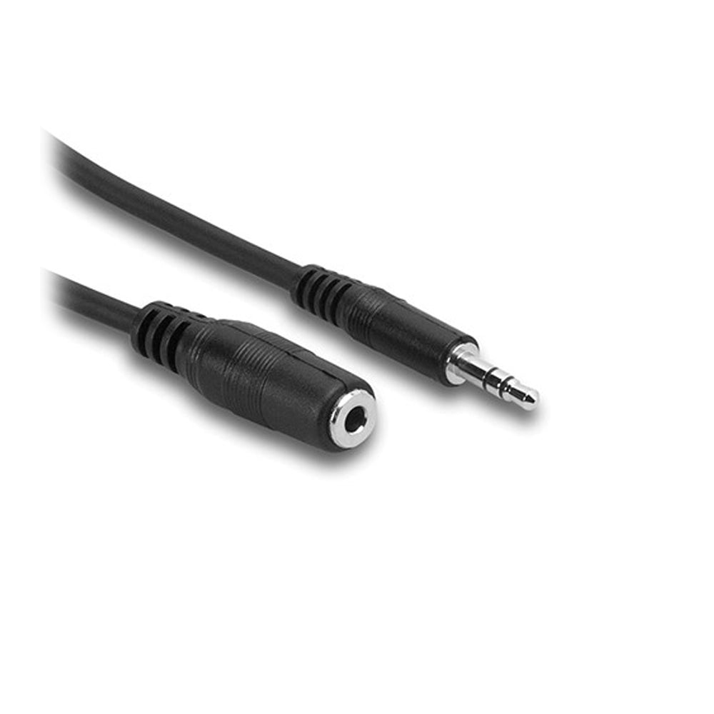 A black 3.5mm TRS female to 3.5mm TRS male extension cable with connectors visible.