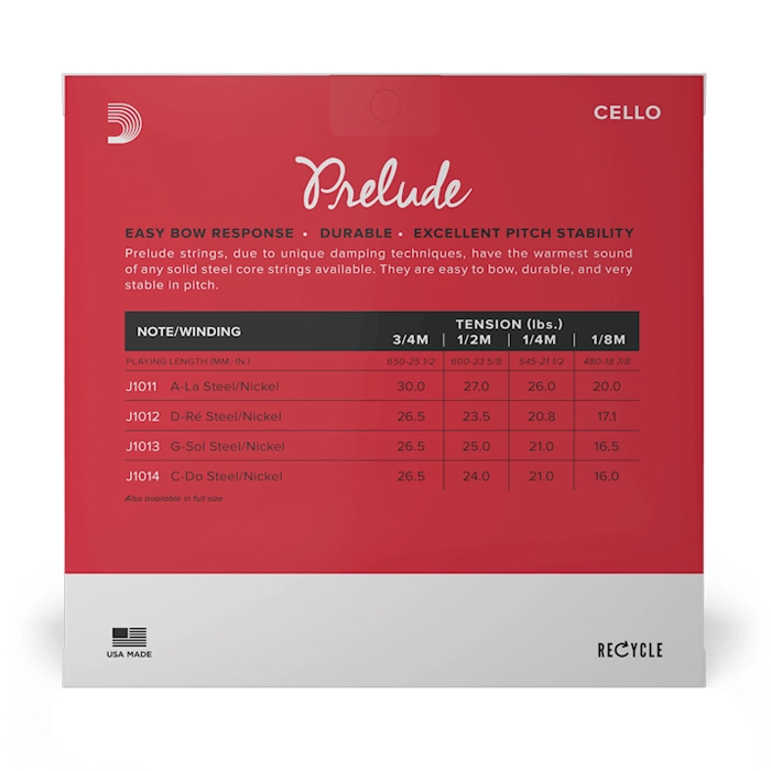 D'Addario J1010 Prelude Cello Strings - 1/4 Size Medium Tension