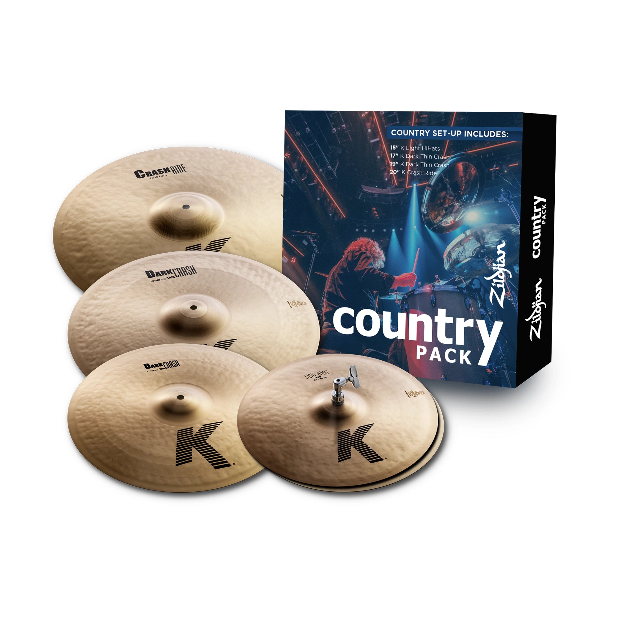 Zildjian K Country Cymbal Set - 15" Hi-Hats, 17" & 19" Crashes & 20" Ride