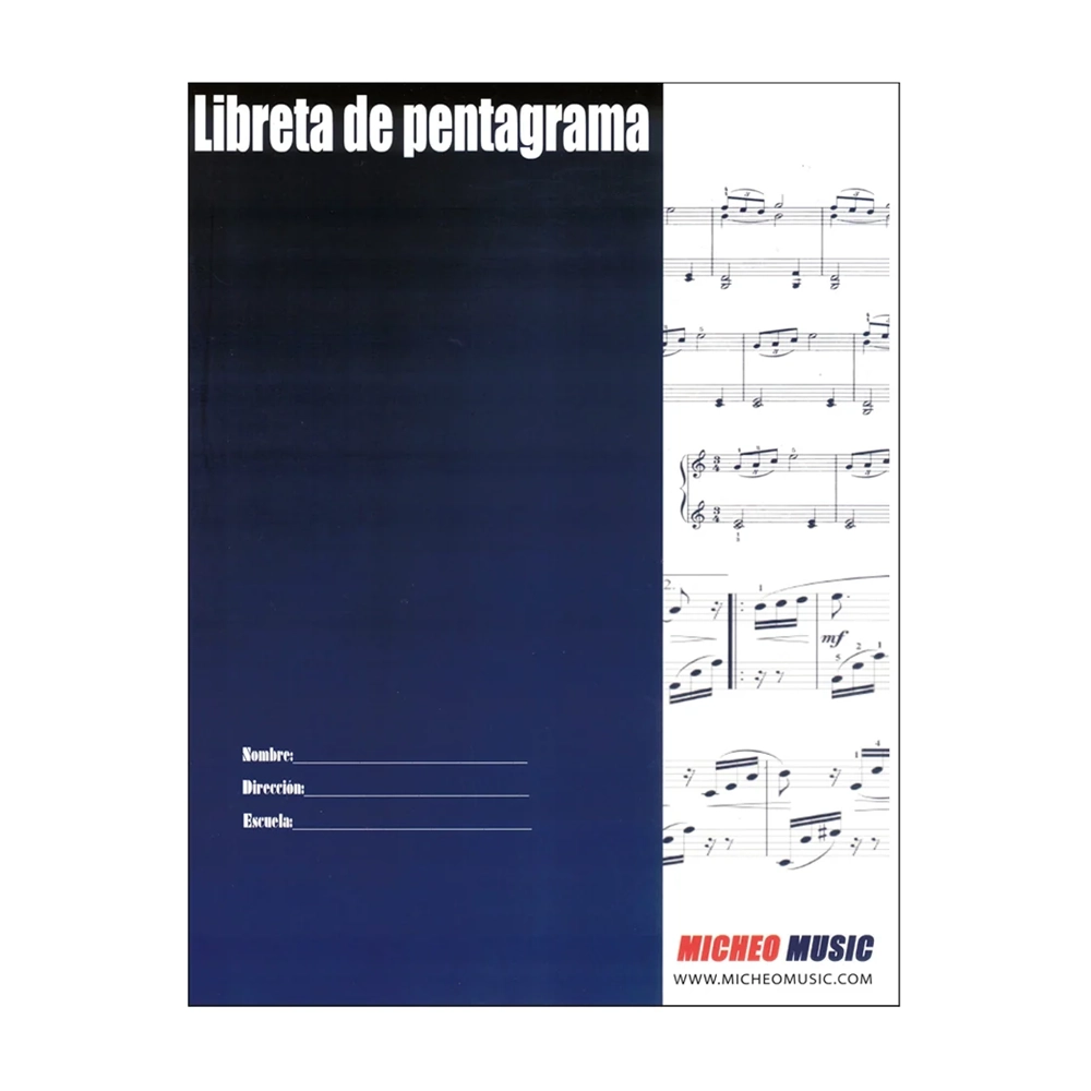 Cover of a Libreta Pentagrama Micheo Music notebook with a title and barcode, predominantly in blue color with musical notation details.