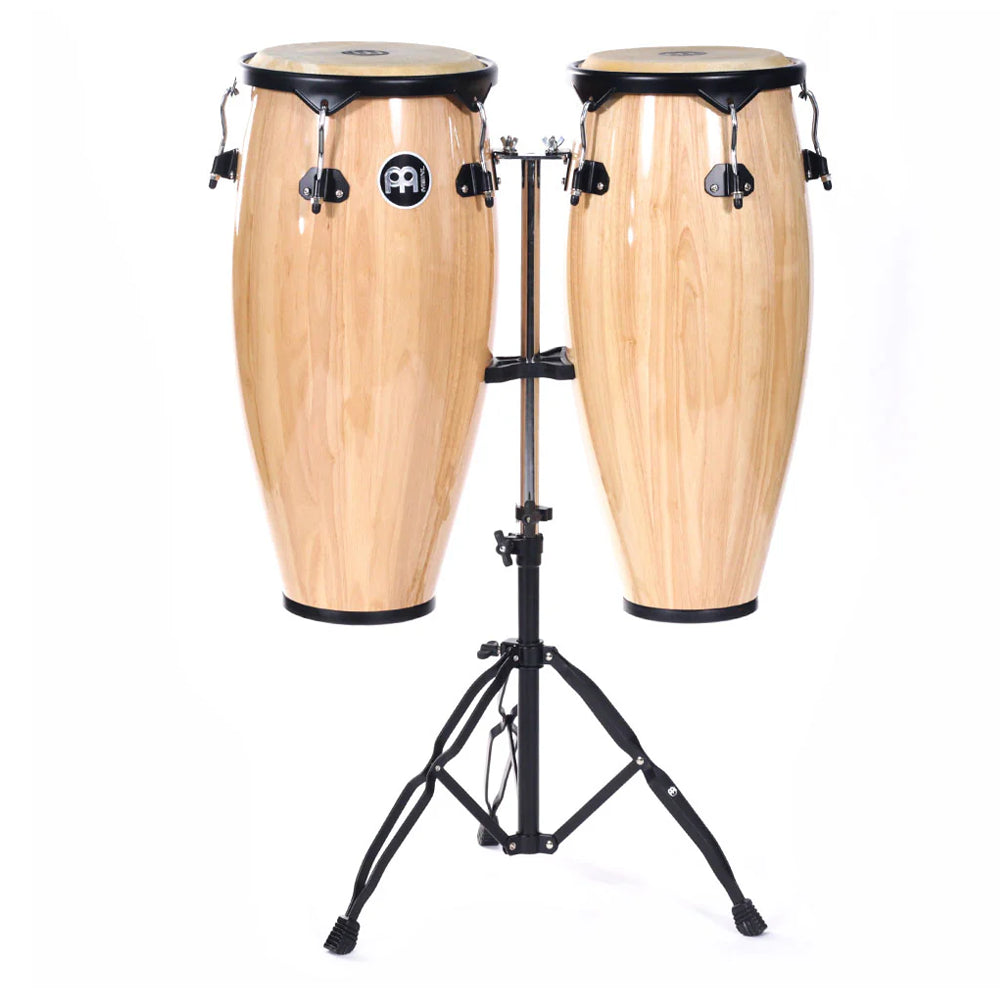 A set of two Meinl conga drums with a natural finish, placed on a black tripod stand with adjustable height.