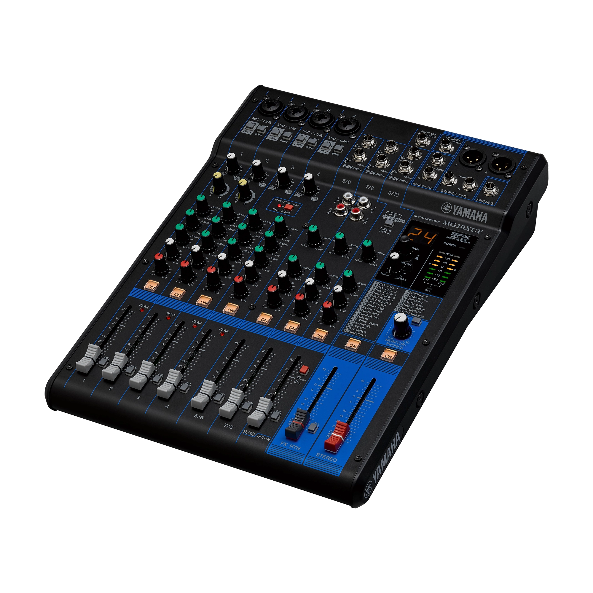 Front angle view of Yamaha 10-Channel Mixer MG10XUF Analog Mixer W/ Effect & USB Interface