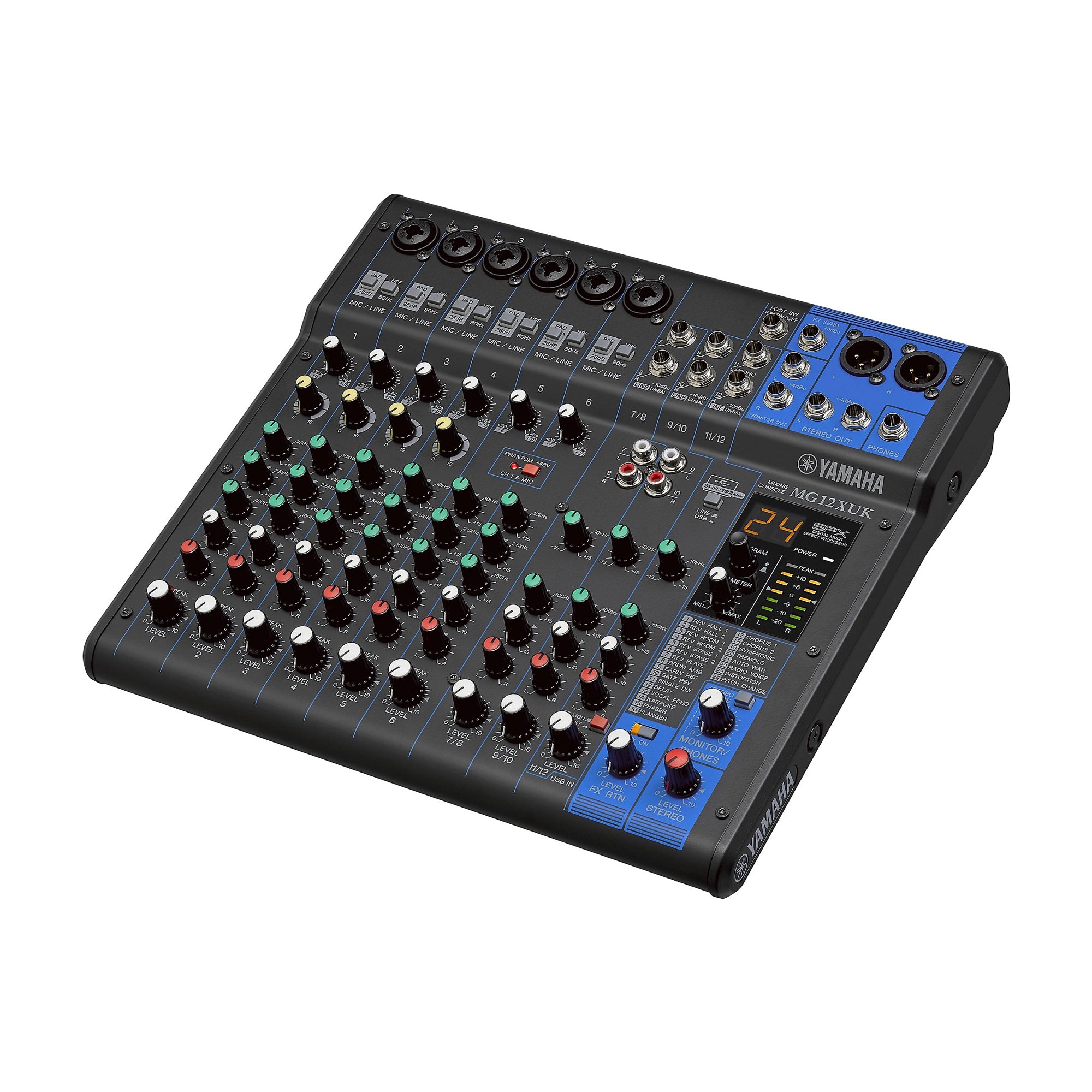 Front angle view of Yamaha 12-Channel MG12XUK Analog Mixer With Knobs