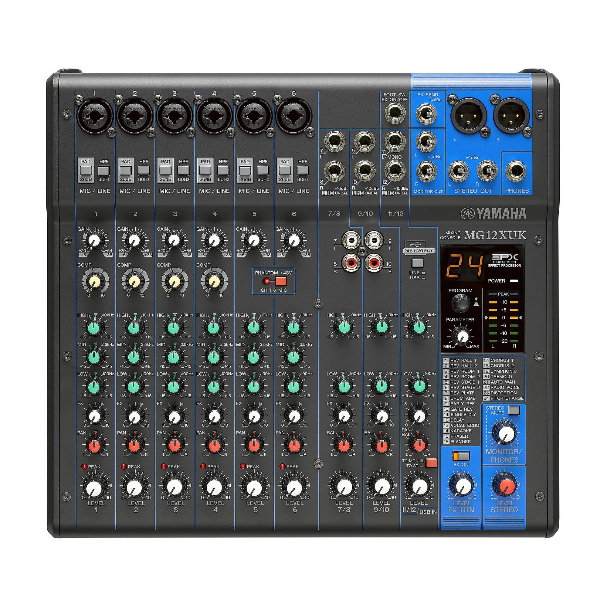 Front view of Yamaha 12-Channel MG12XUK Analog Mixer With Knobs