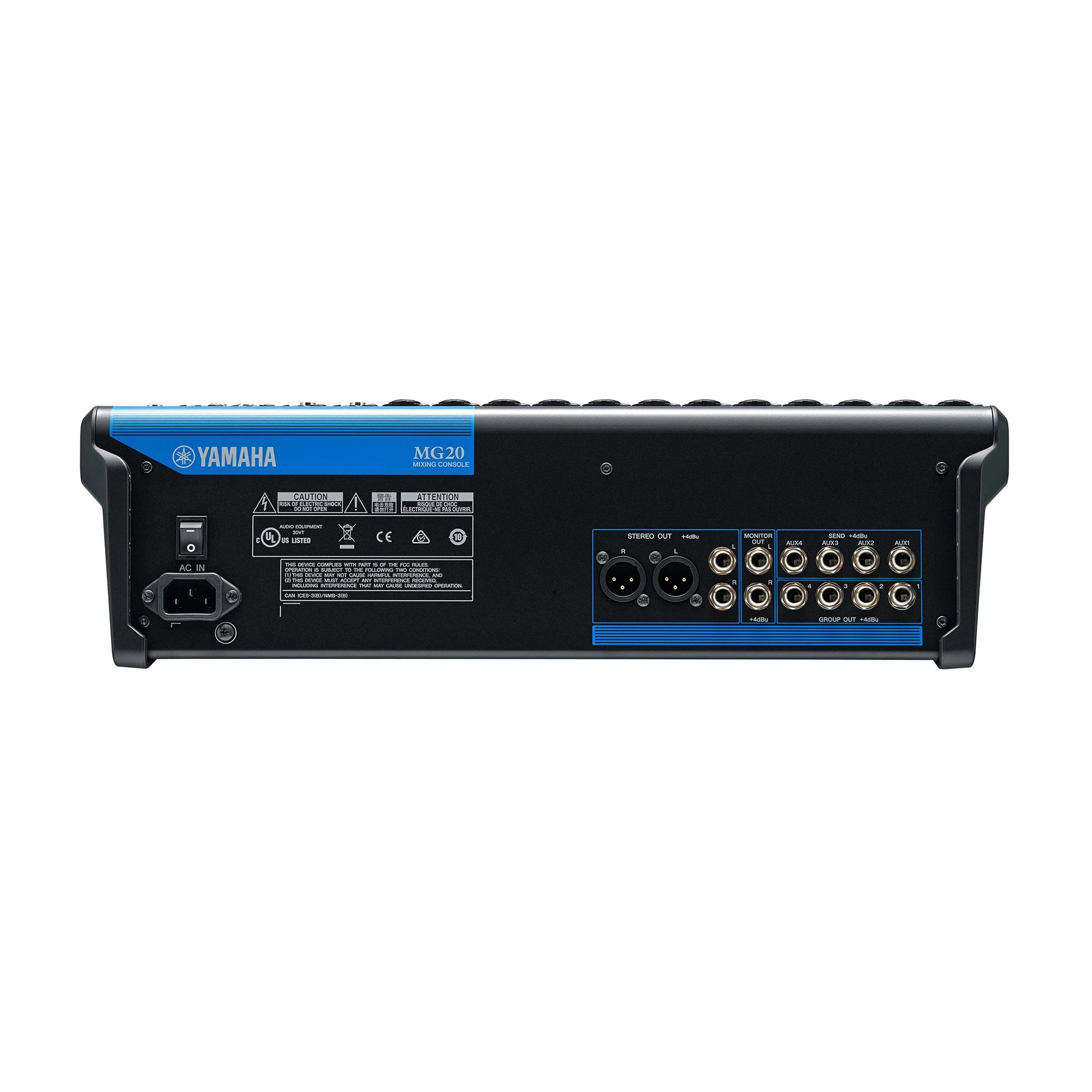 Back view of Yamaha 20-Channel MG20 Mixer with Compression