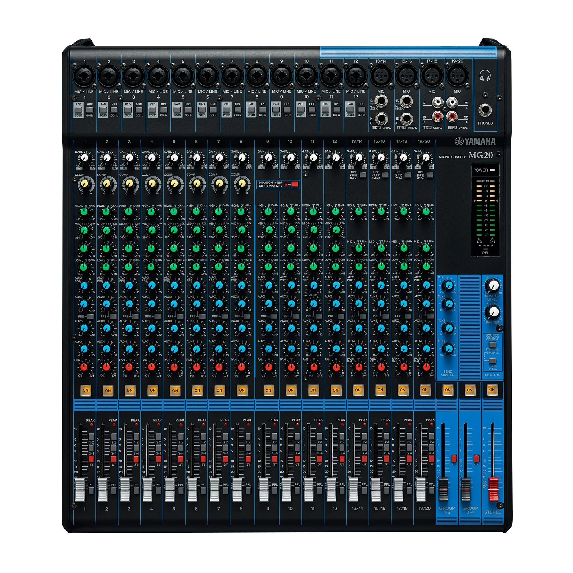 Front view of Yamaha 20-Channel MG20 Mixer with Compression