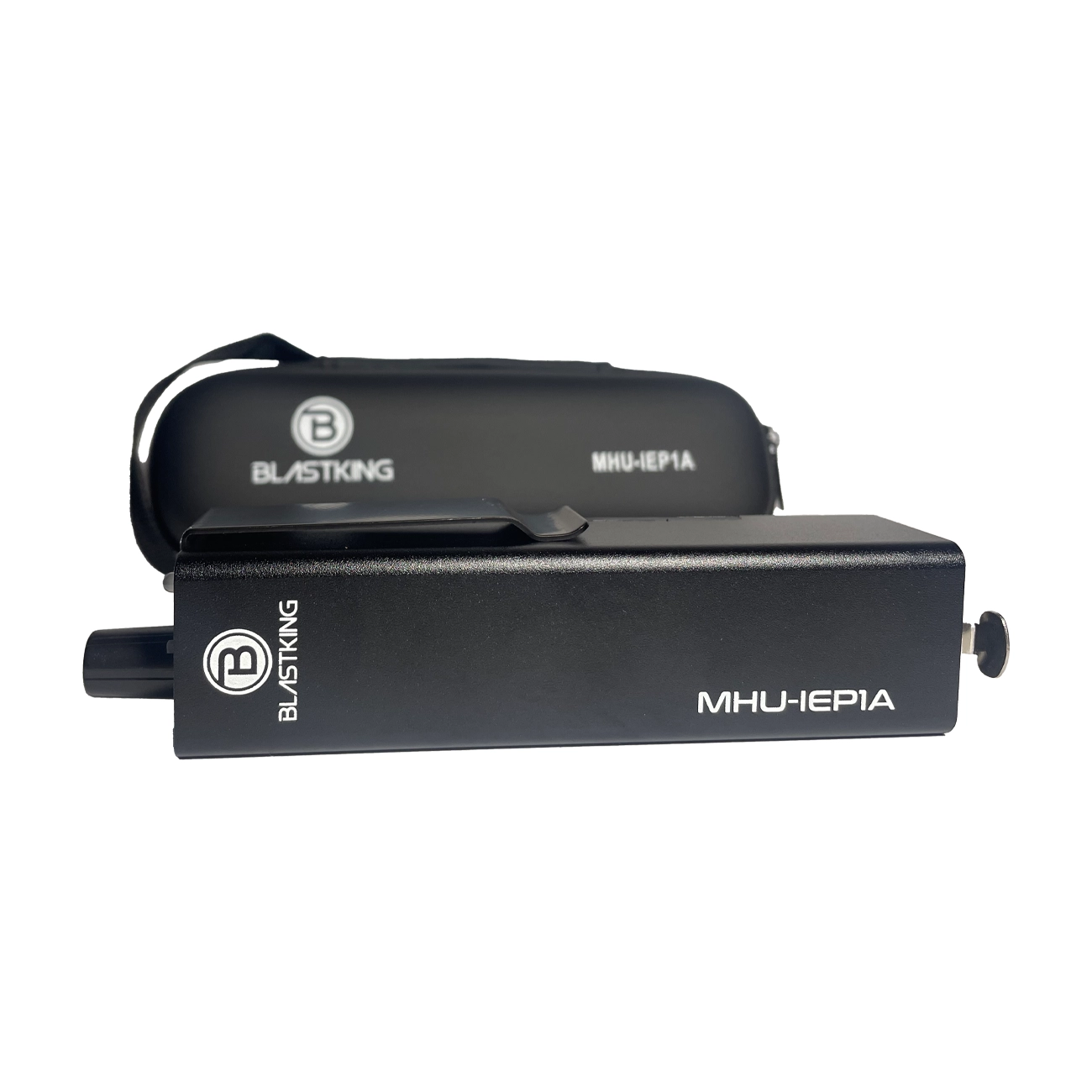 Blastking Active Personal In-Ear Monitor Amplifier front view with storage pouch