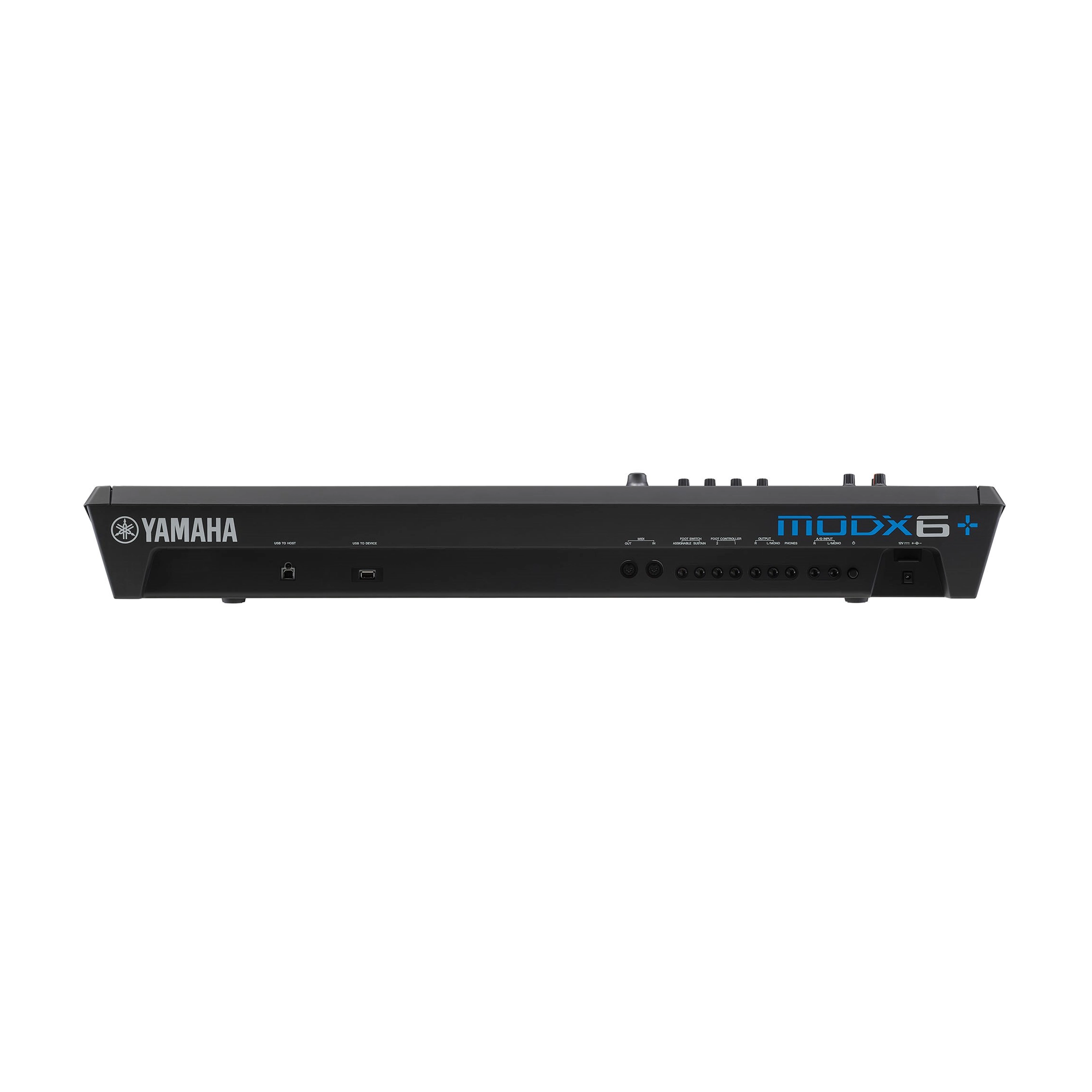 Yamaha MODX6+ 61 Semi-Weighted Key Synthesizer back panel with usb, midi, 1/4" outputs and power supply input.