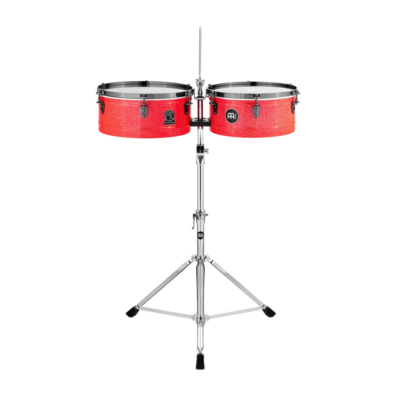 A set of Meinl Percussion Manolito Rodríguez Signature Timbales in Atomic Red with black nickel hardware, including a stand and cowbell holder.