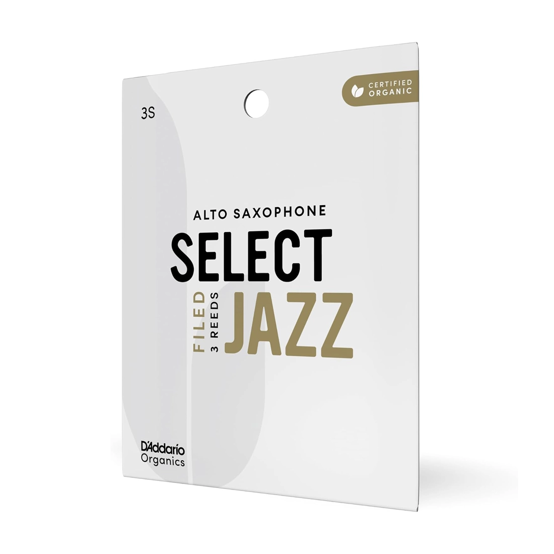 D'addario Organic Select Jazz Filed 3-Pack Alto Saxophone Reeds - 3 Soft front side angle view