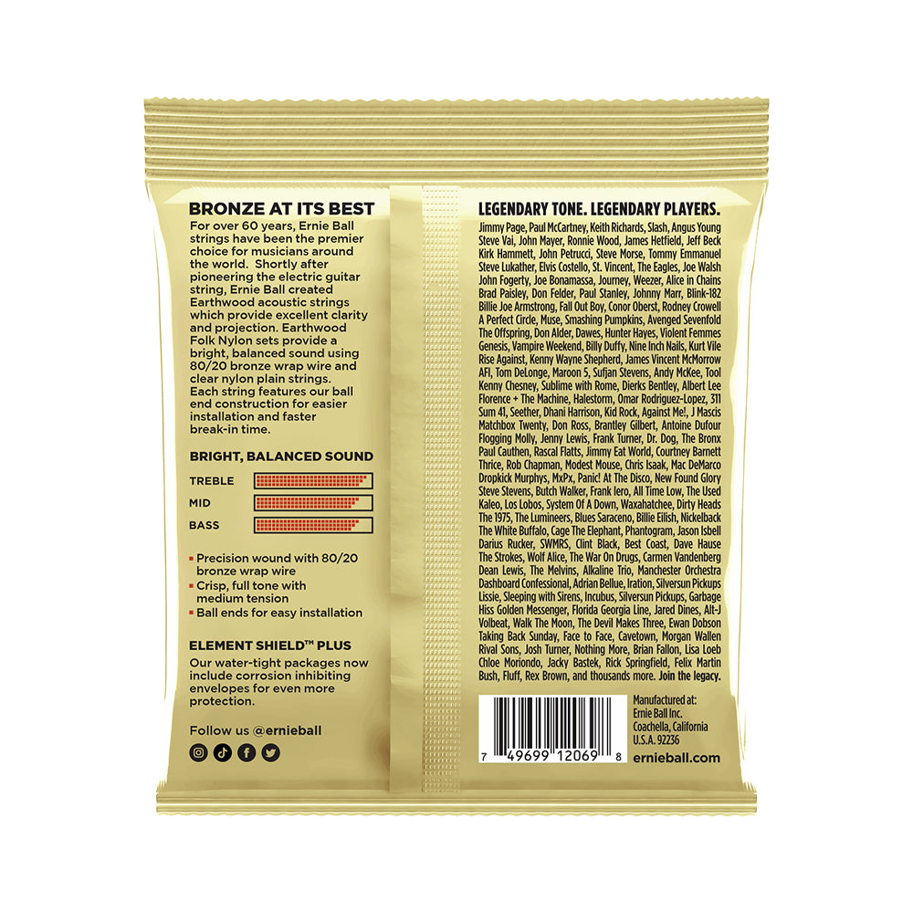 Ernie Ball P02069 Earthwood 80/20 Bronze Folk Nylon Classic Ball-end Guitar Strings - .028-.042