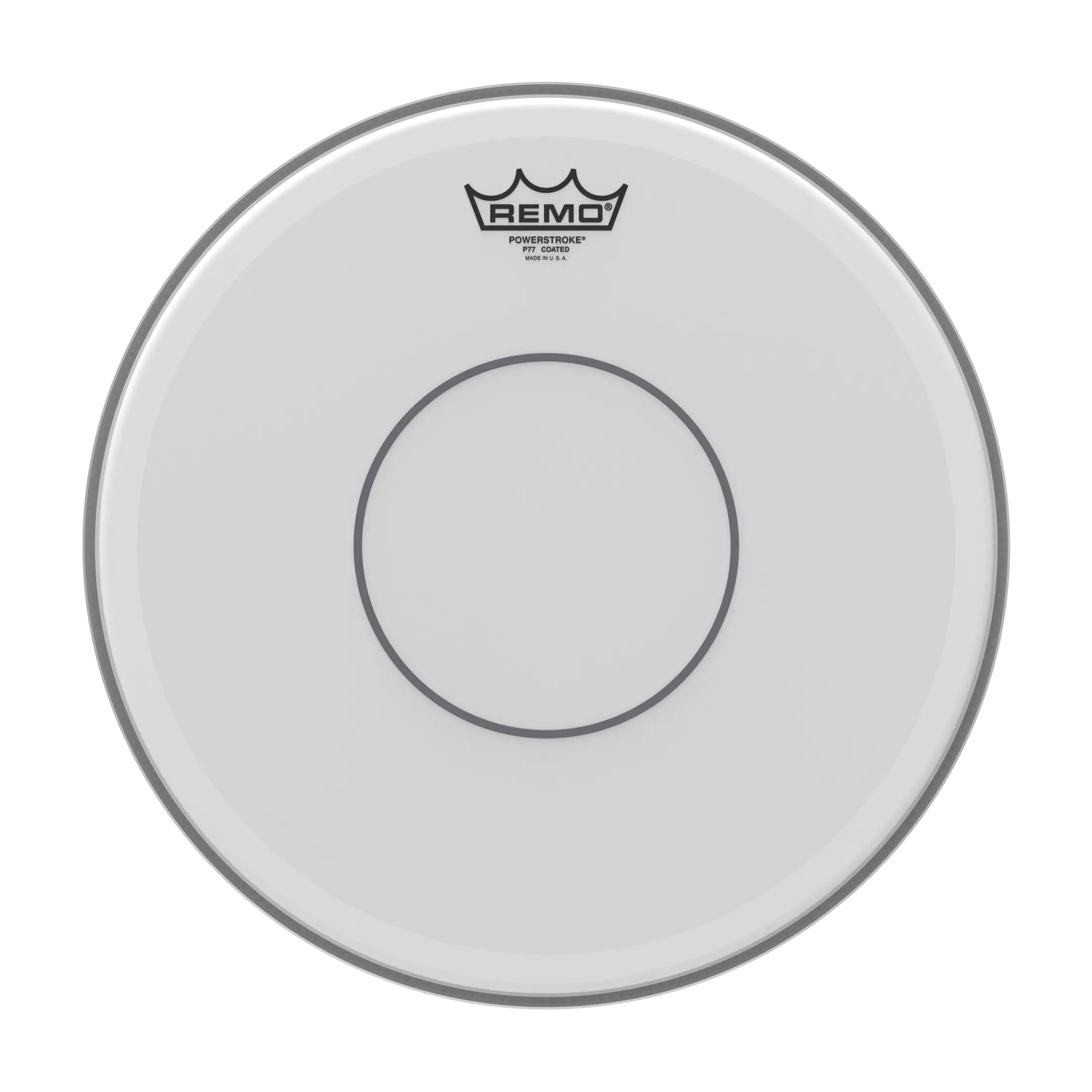 Front view of Remo 14" Powerstroke 77 Coated Snare Drumhead - With Clear Dot