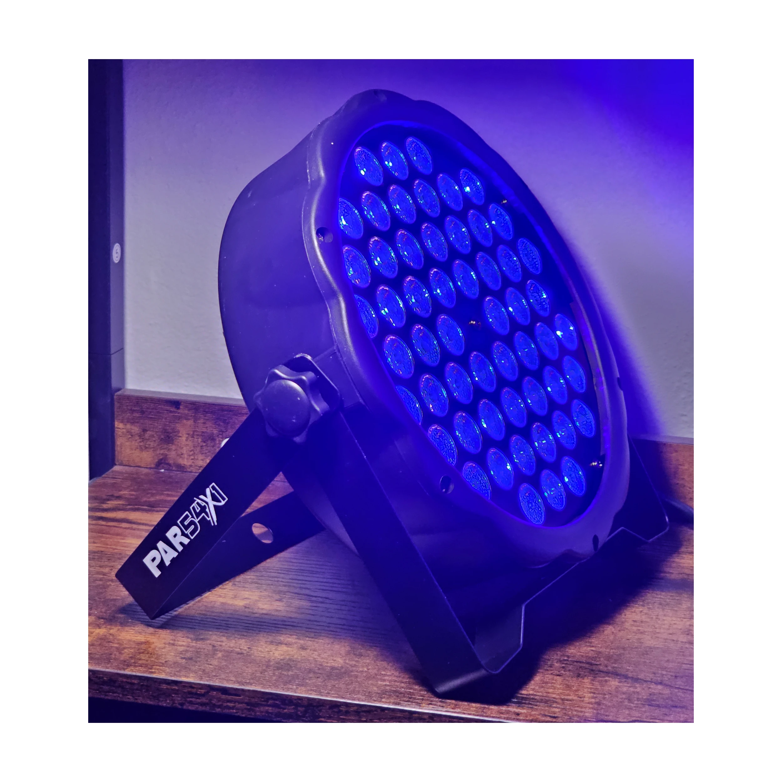 Lite Tek Led Lights PAR-54X1RGB front side angle view blue light