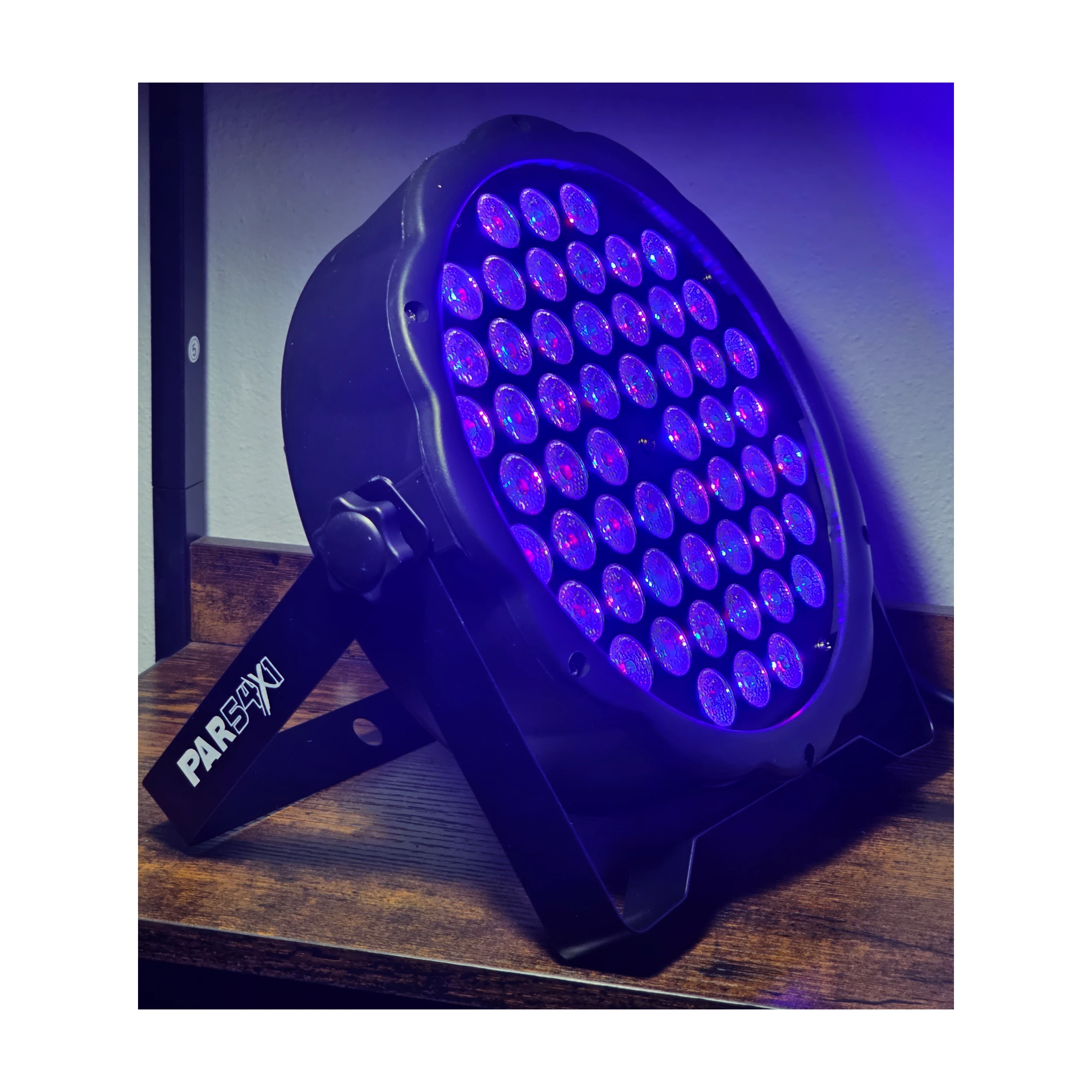 Lite Tek Led Lights PAR-54X1RGB front side angle view low purple light