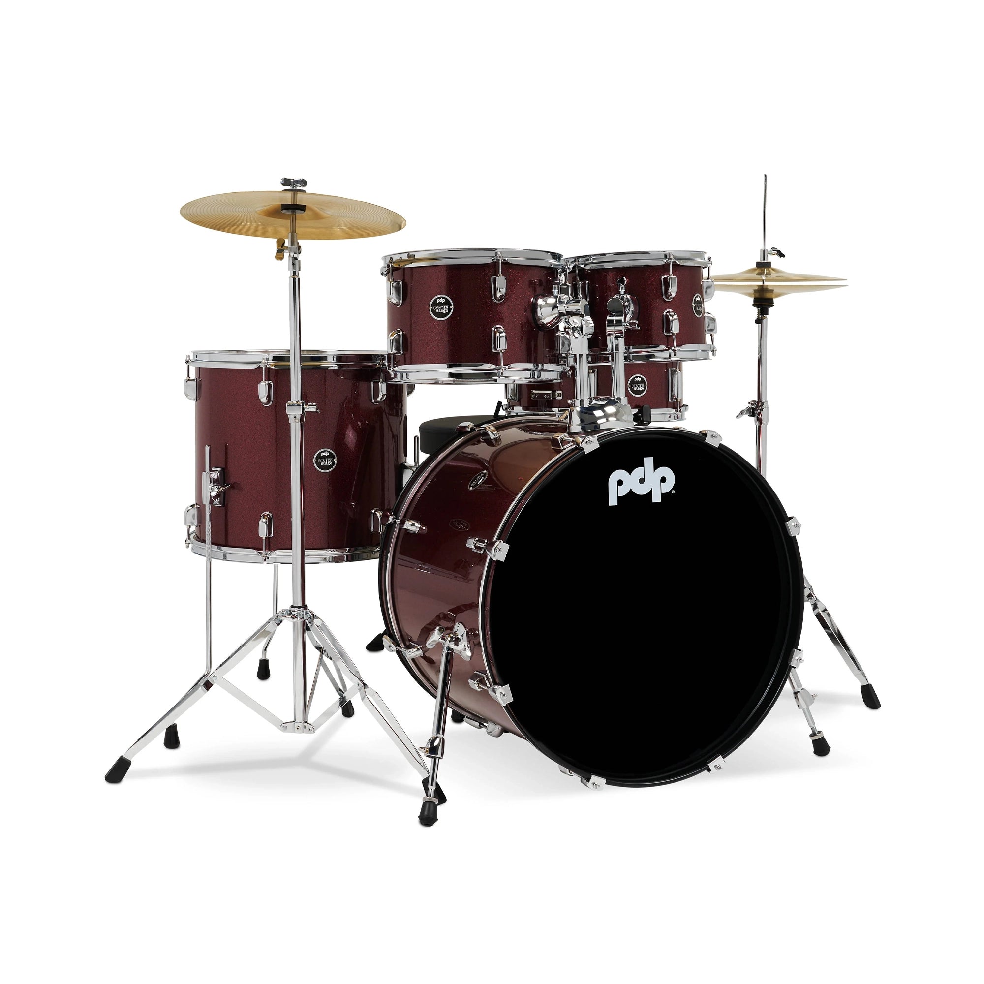 A 5-piece complete drum set with a finish in ruby red sparkle, including cymbals, stands, pedal, throne, and drumsticks.