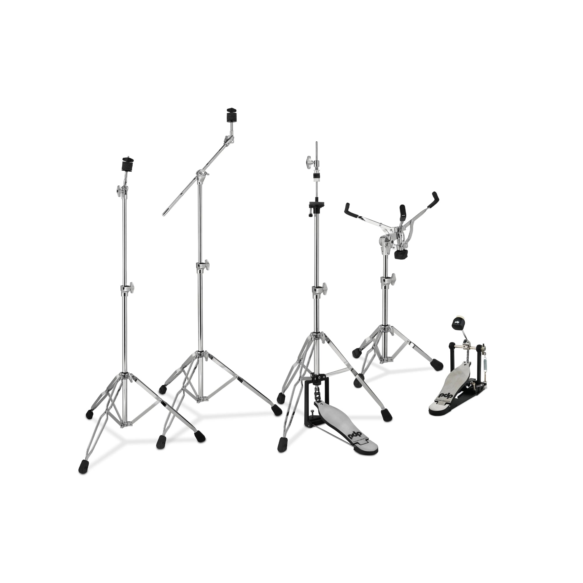 A set of PDP 700 Series drum hardware, including boom cymbal stands, straight cymbal stands, hi-hat stand with three legs, and a single pedal.