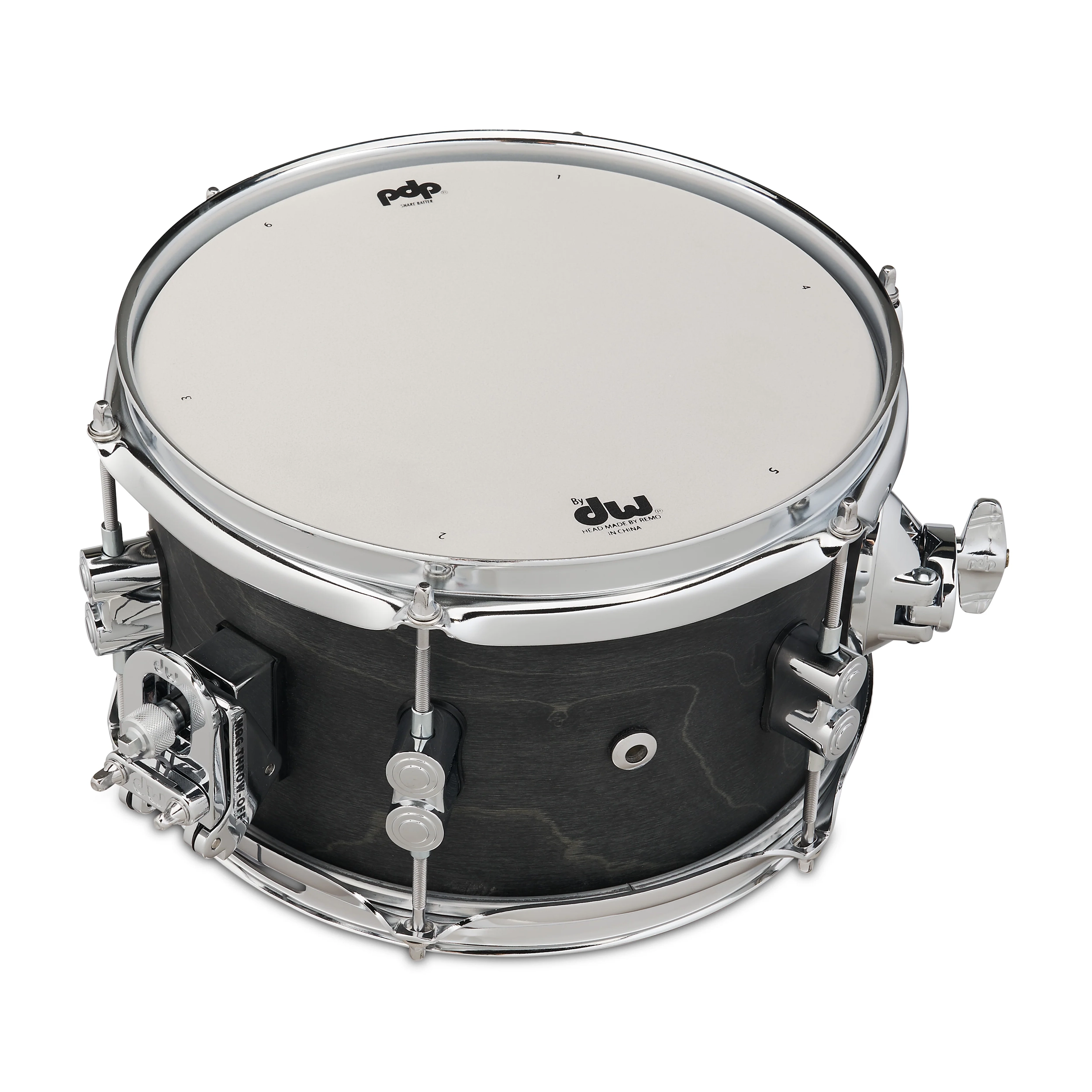 Snare drum with black finish and silver hardware on a white background
