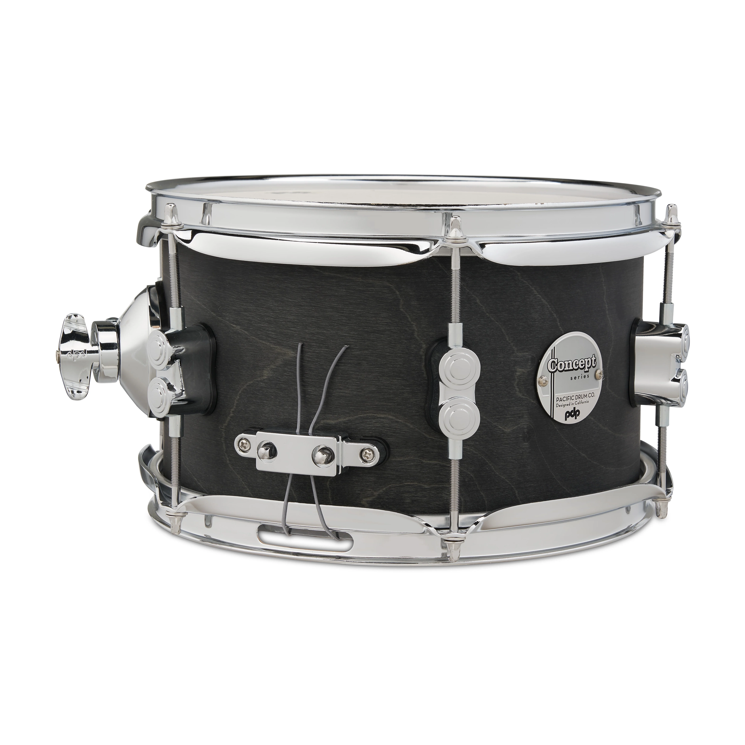Snare drum with black finish and chrome hardware on a white background