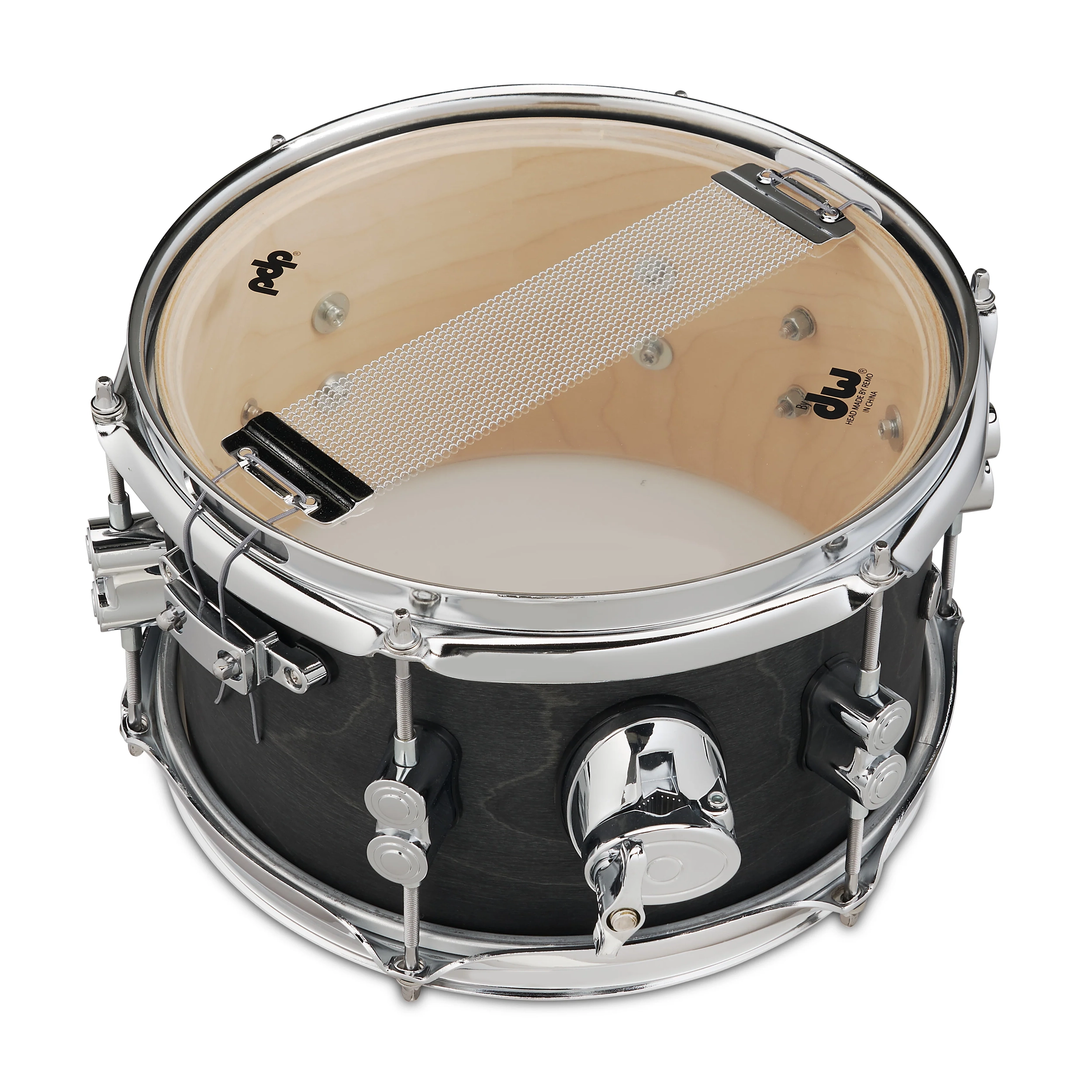 Snare drum with black body and silver hardware on a white background