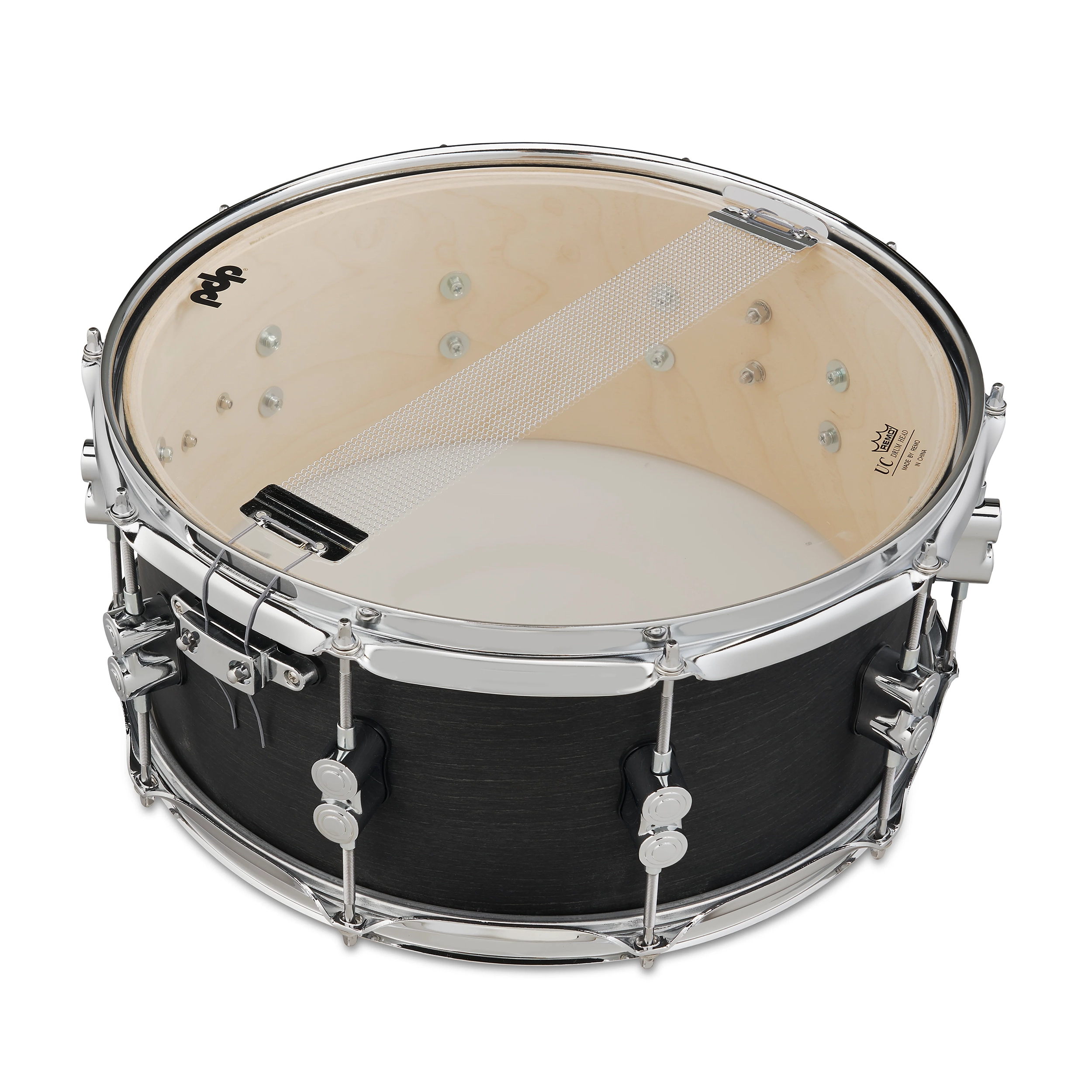 Snare drum with black body and silver hardware on a white background