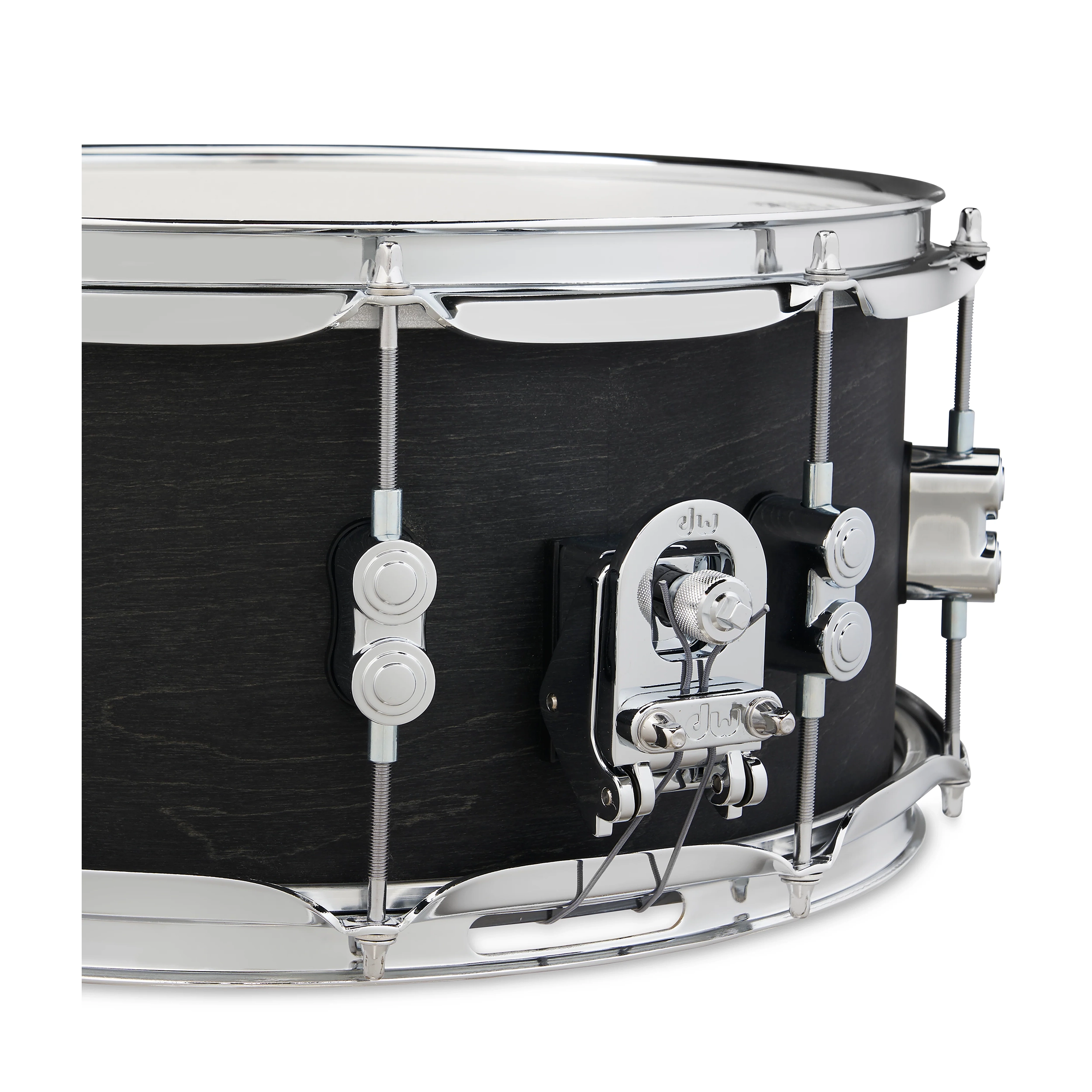 Black snare drum with chrome hardware on a white background