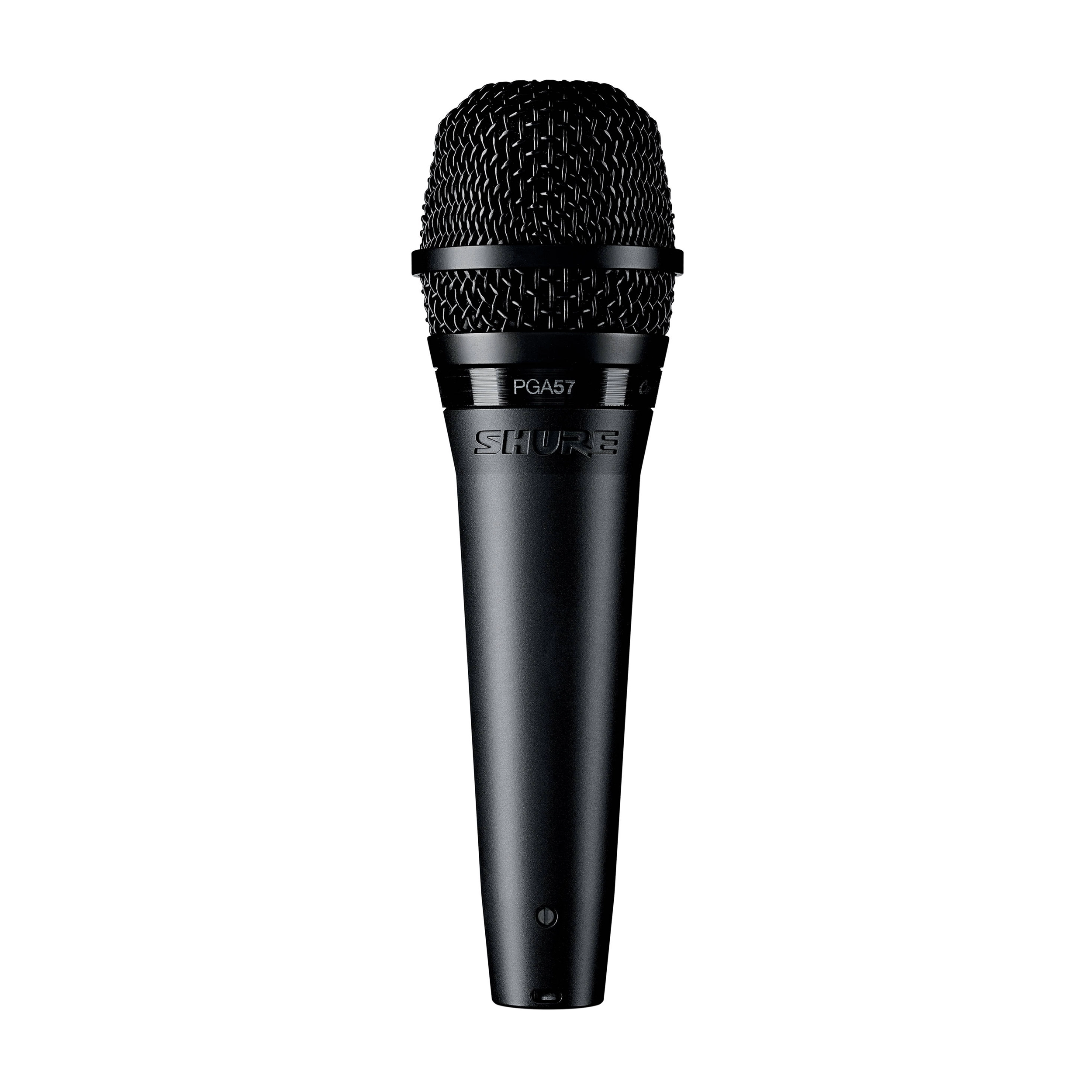 Black Shure microphone on a white background