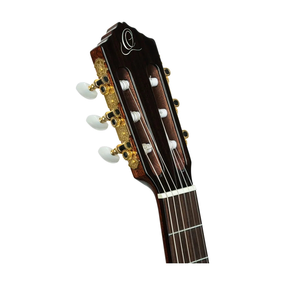 Ortega Performer Series Solid Top Acoustic-Electric Nylon Classical Guitar front angle view headstock tuning machines