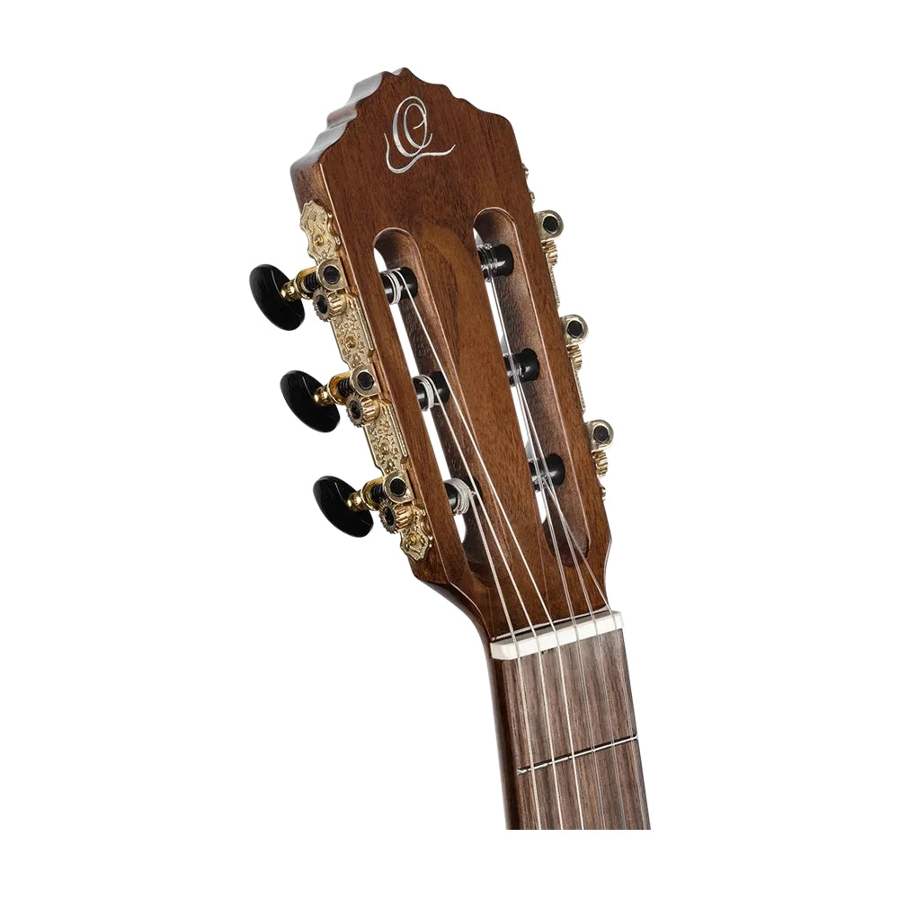 Ortega Performer Series Electric Nylon Guitar Black front angle view headstock tuning machines