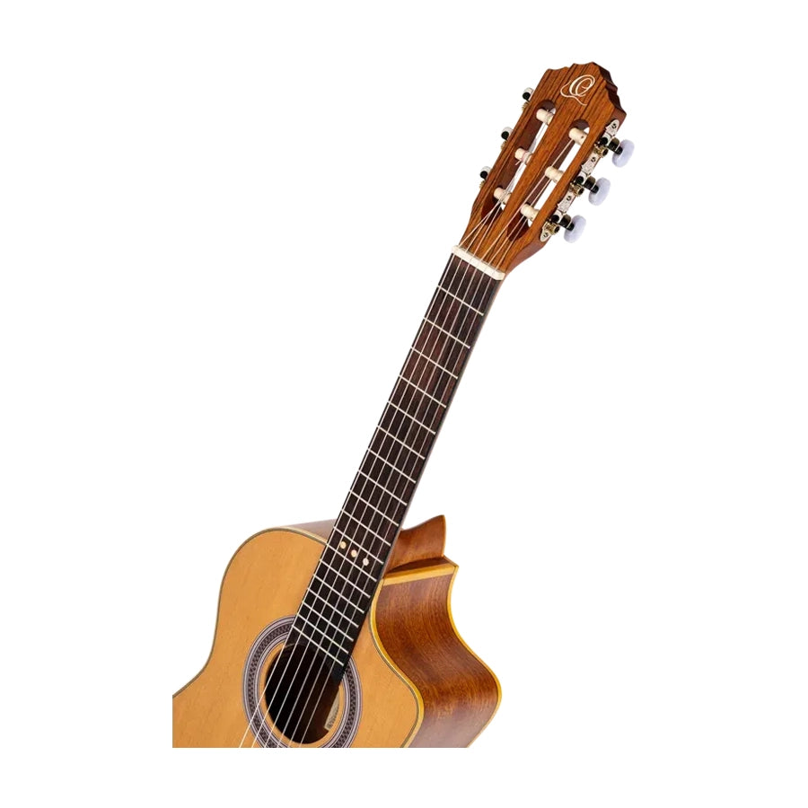 Ortega RQC25 Requinto Guitar Natural front angle view fret board
