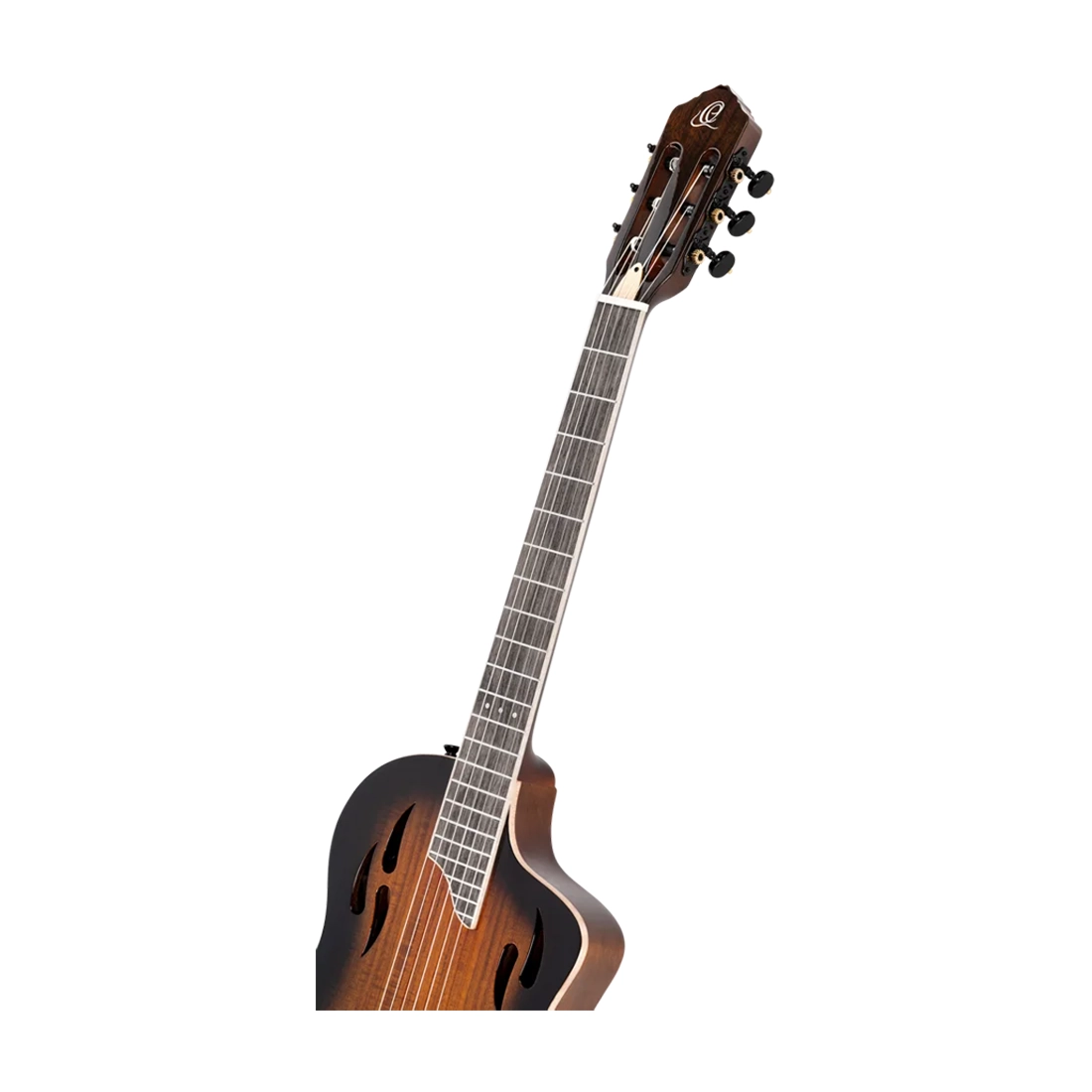Ortega Guitars Tourplayer Series Thinline Crossover Electric Nylon Guitar - Acacia Burst front side angle view Close up Fretboard
