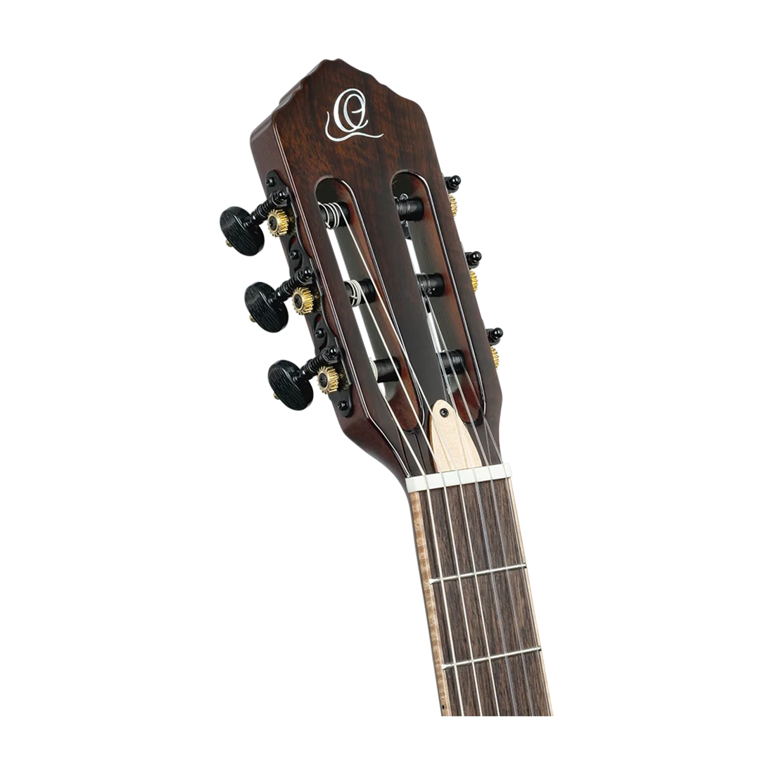 Ortega Guitars Tourplayer Series Thinline Crossover Electric Nylon Guitar - Acacia Burst front side angle view Close up Headstock