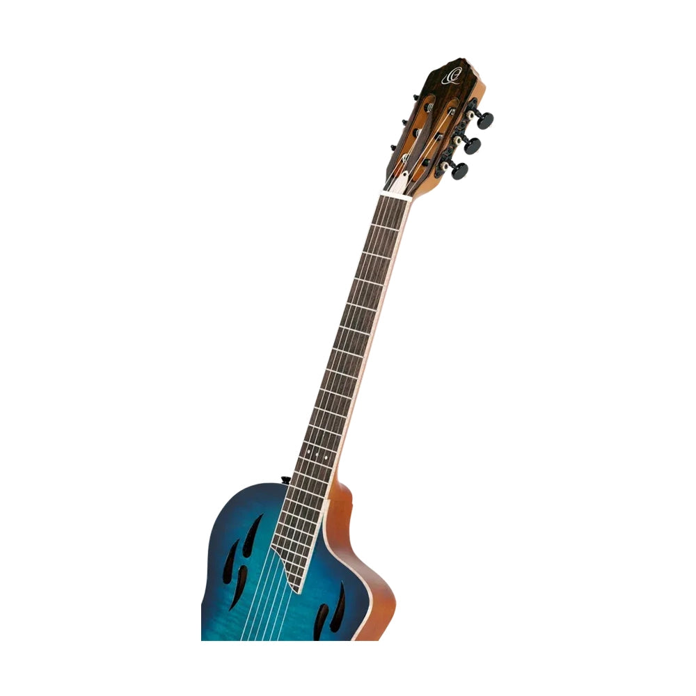 Ortega Tourplayer Series Thinline Crossover Electric Nylon Guitar W/ Bag - Flamed Maple Gloss Blue