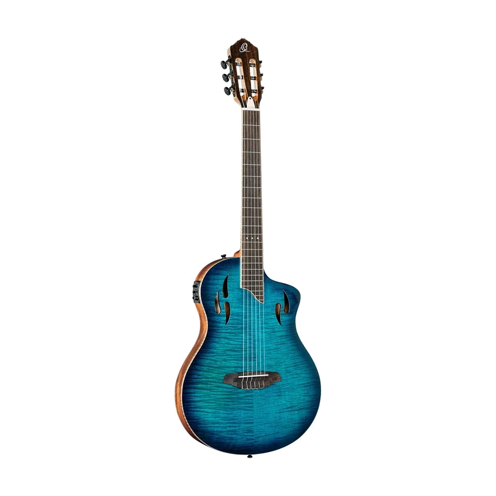 Ortega Tourplayer Series Thinline Crossover Electric Nylon Guitar W/ Bag - Flamed Maple Gloss Blue