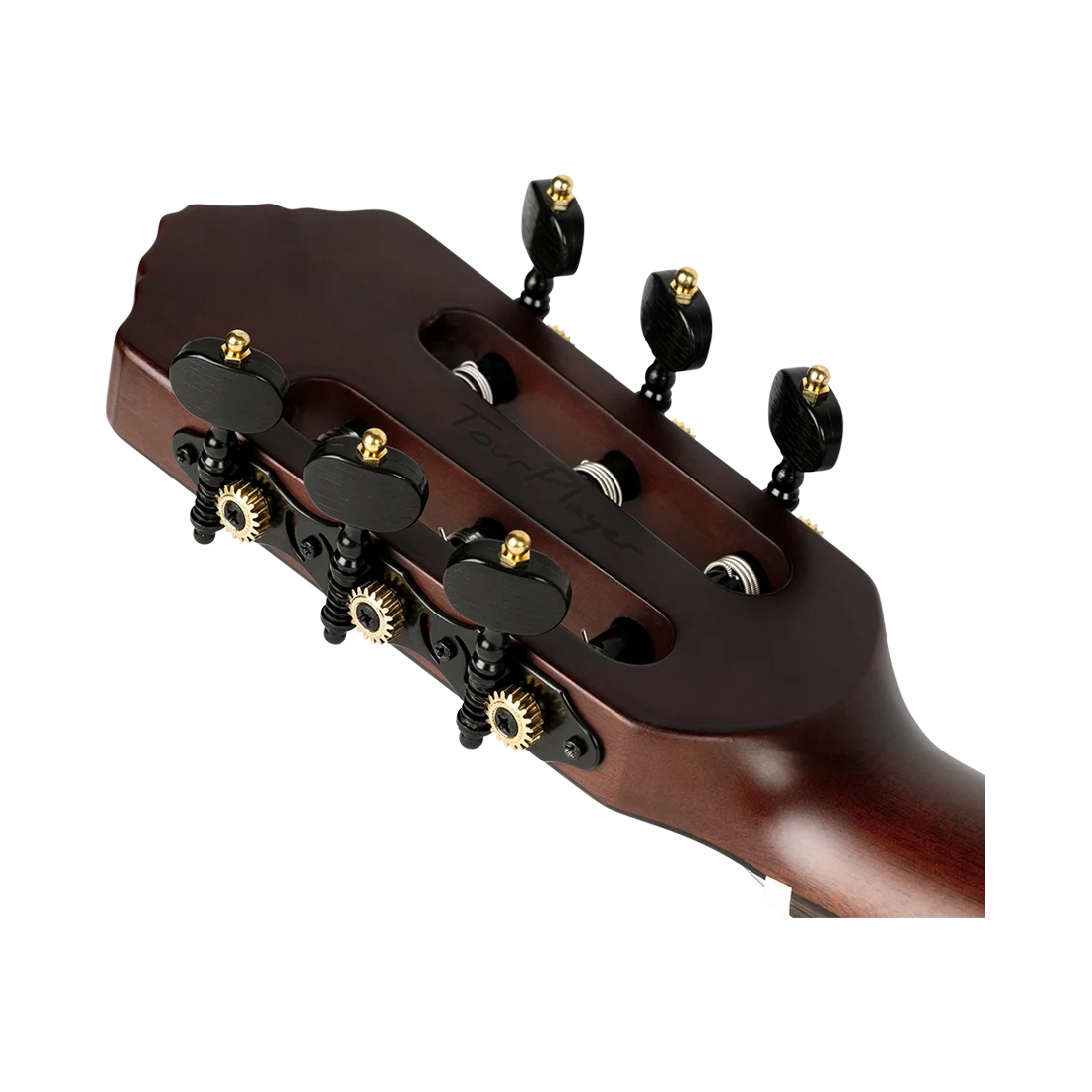 Ortega Guitars Tourplayer Electric Nylon String Guitar - Natural back angle view Headstock close up