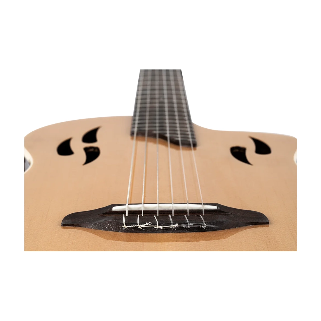 Ortega Guitars Tourplayer Electric Nylon String Guitar - Natural angle view Bridge close up