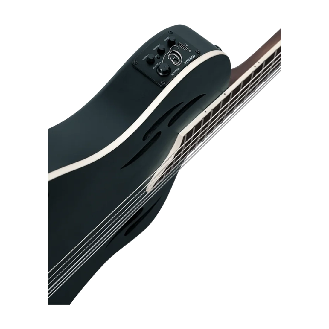 Ortega Tourplayer Electric Nylon String Guitar - Satin Black Close up Rechargeable Ortega Magus X Electronics.