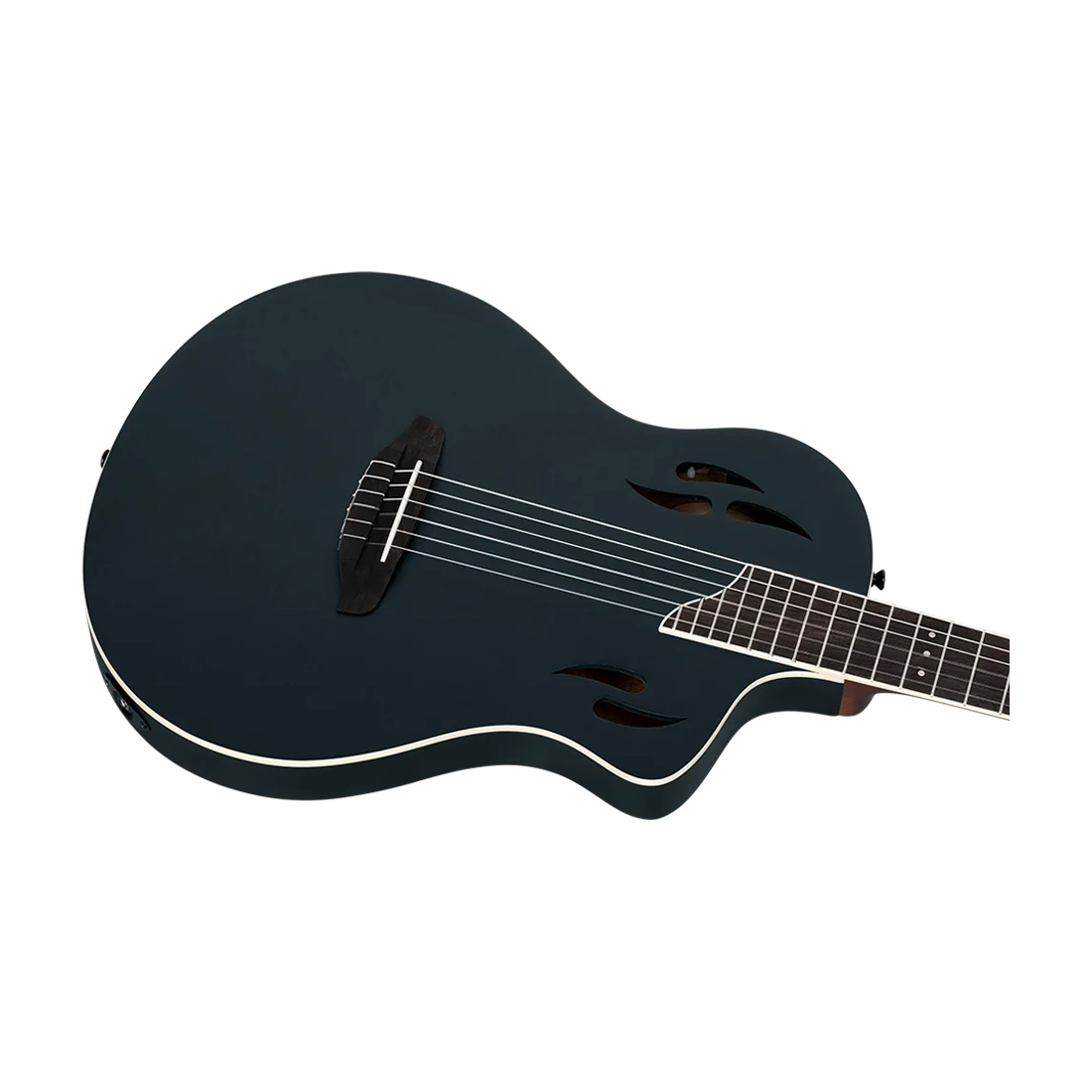 Ortega Tourplayer Electric Nylon String Guitar - Satin Black Body close up front view