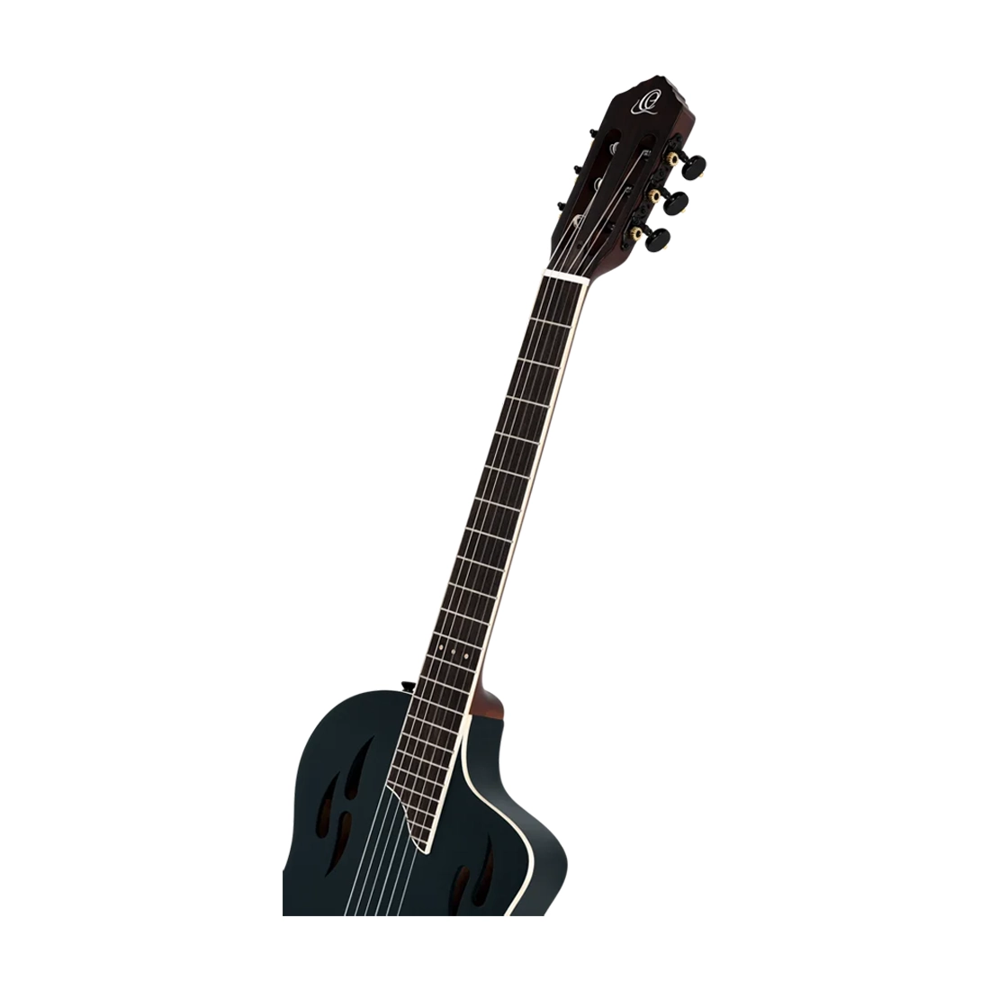 Ortega Tourplayer Electric Nylon String Guitar - Satin Black front angle view fret board