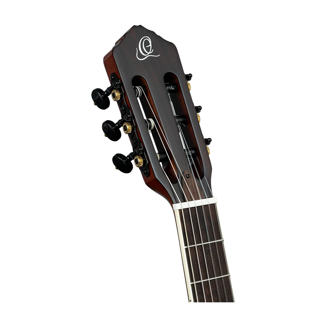 Ortega Tourplayer Electric Nylon String Guitar - Satin Black Headstock close up front view
