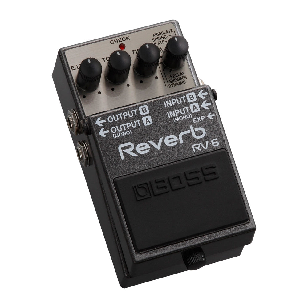 Front angle view of Boss RV-6 Digital Delay/Reverb Guitar Effects Pedal