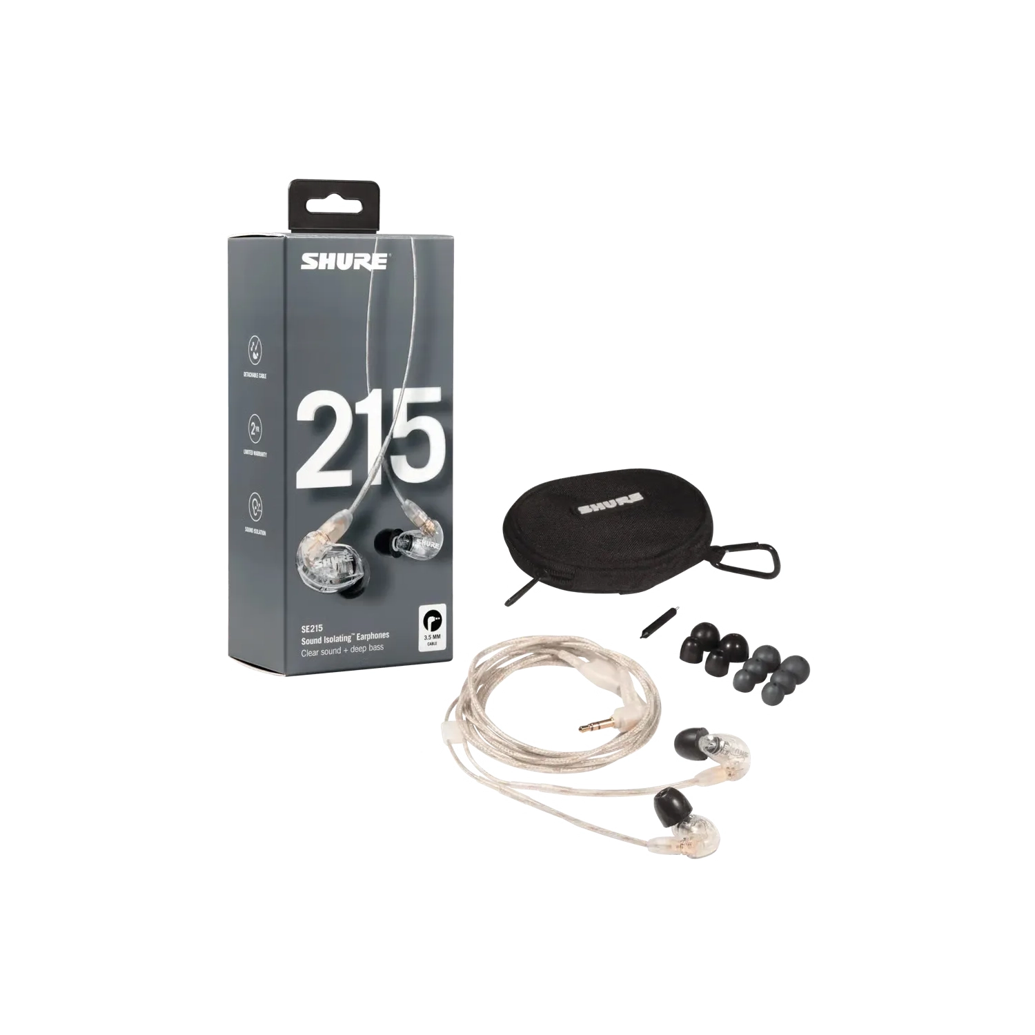 Shure 215 earbud set with packaging, Black foam sleeves, Soft flex sleeves, 3.5 mm clear cable and Soft-Zip Case
